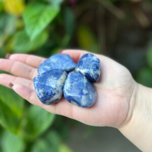 Unidade de pedra rolada de sodalita, idela para quem precisa de foco, clareza mental, ajuda nos estudos e equilíbrio de pensamentos. Rosa Verde